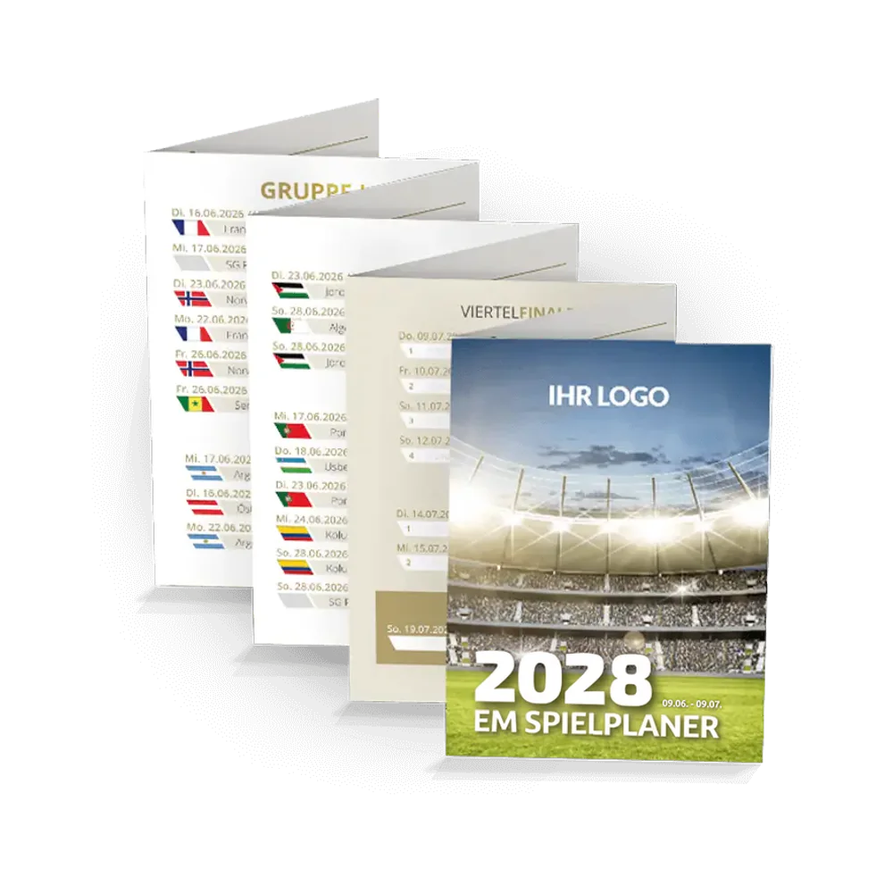 EM Faltplaner 2028 mit Firmenlogo als Leporello im DIN A7 Format