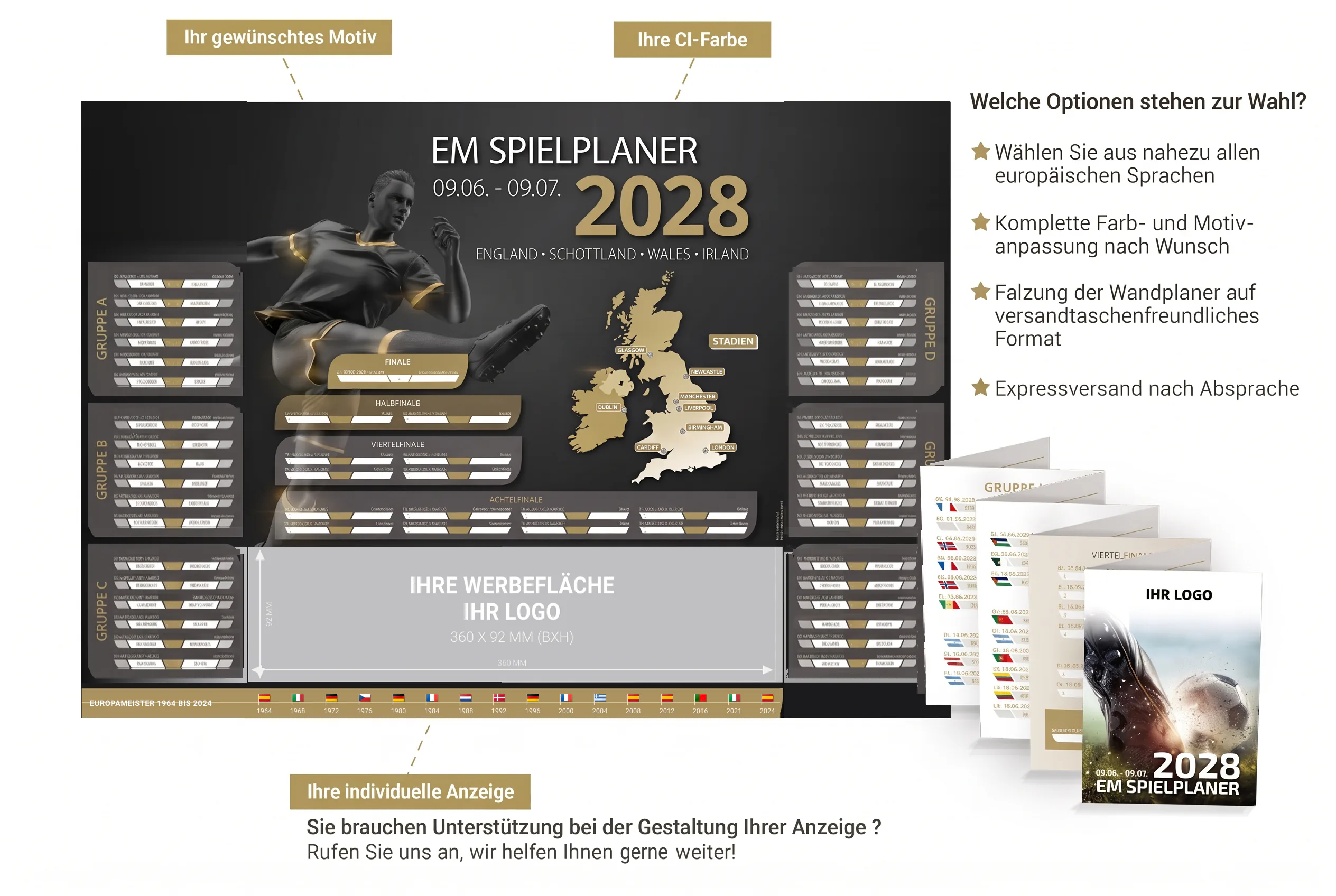 Individuell gestaltbarer EM Spielplaner 2028 in goldener CI-Farbe mit Wunschmotiv und Werbefläche für Firmenlogo