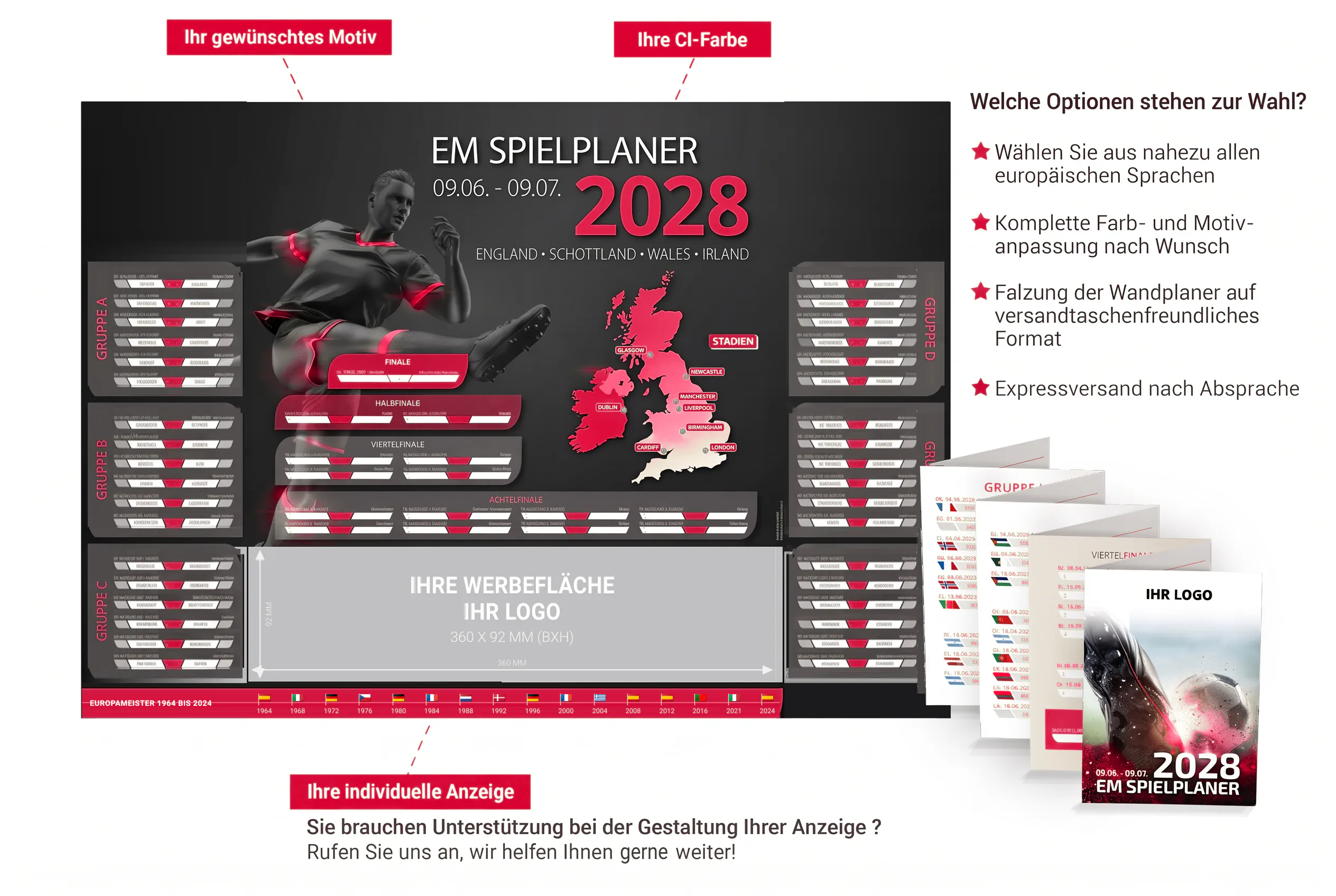 Individuell gestaltbarer EM Spielplaner 2028 mit roter CI-Farbe, Wunschmotiv und Werbefläche für Firmenlogo